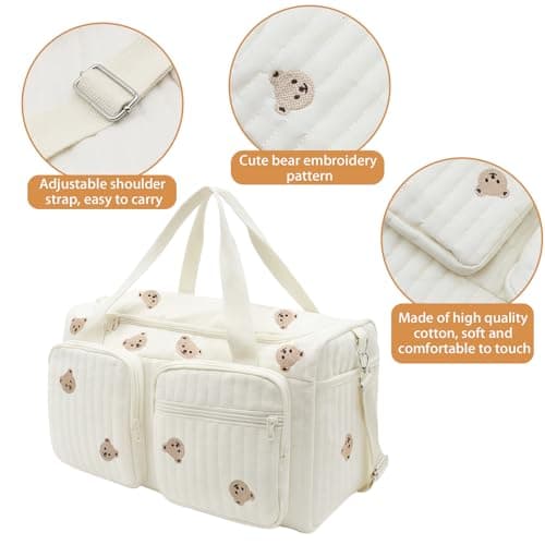 PinDaito Baby Hospital Bag Baby Changing Bag Cotton Large, Hospital Maternity Bag Nappy Bag for Mum, Embroidered Pram Bag with Multiple Pockets, Travel Changing Overnight Tote — view 3