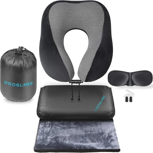Proglobe Travel Blanket Luxury Travel Set, Ergonomic Airplane Neck Pillow 100% Memory Foam and Super Soft Fleece Blanket, Premium 3D Sleep Mask & Earplugs, Black