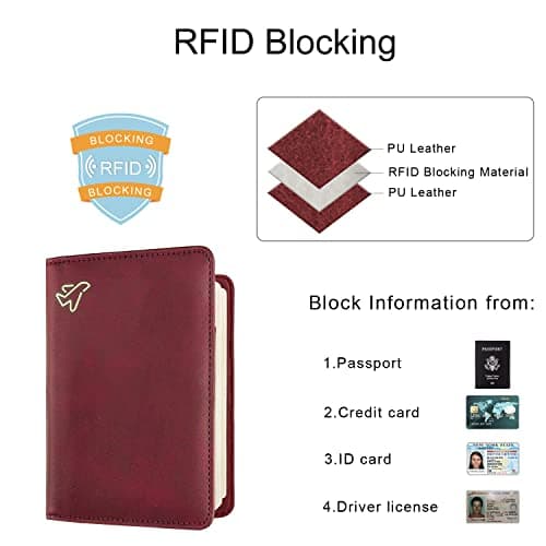 WALNEW Passport Holder, PU Leather Travel Passport Cover Wallet, RFID Passport Case with Card Holder, Travel Essentials for Women Men (Red) — view 3