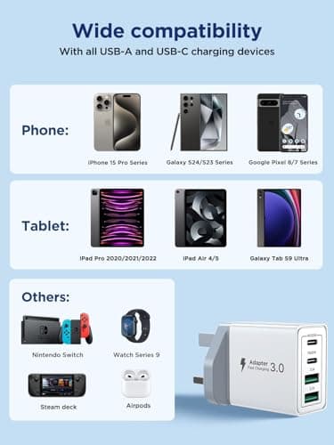 USB C Plug Fast Charge, 40W 4-Port Multi USB Charger Plug UK Dual Port PD Power Adapter +QC Wall plug Multiport Mains Type C Charging Plug for iPhone 17 16 15 14 13 12 11 Pro Max XS XR 8, Samsung, Pad — view 6