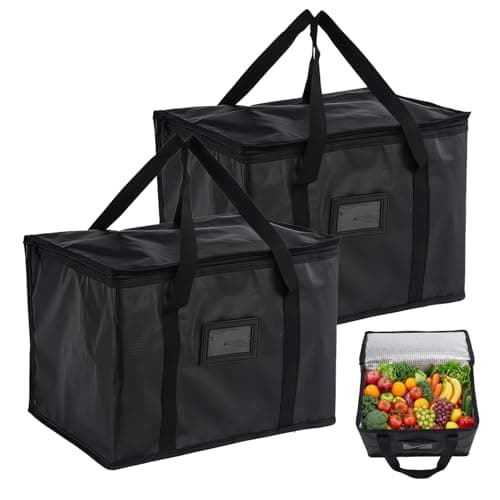 2 Pcs Insulated Cooler Bag Box, Thermal Food Delivery Bag with Zipper Seal, 40L Reusable Insulation Shopping Bags Picnic Lunch Bags Foldable Cool Box for Shopping Camping Family BBQ Picnic (Black)