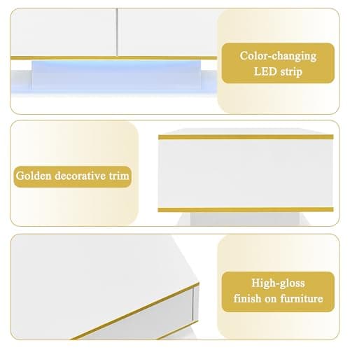 BTM Modern LED Coffee Table with High-Gloss Finish, 100 cm Length, Gold Accents, 3 Drawers & USB LED Light Strip (Adapter/Power Bank Required), White — view 5