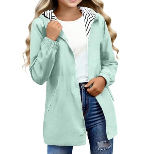 YCBMINGCAN Girls Raincoat Kids Waterproof Jacket | Long Lightweight Windbreaker Parka with Hood | Teen Zip Up School Rain Coat with Pockets Casual Autumn Outerwear for Youth 5-16