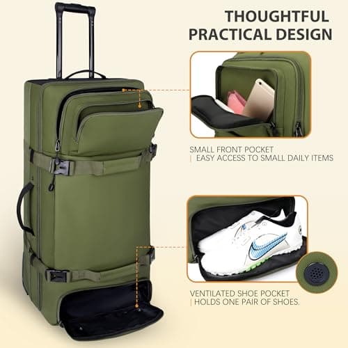 LARIPOP Rolling Duffle Bag with Wheels, 100L 33.5 Inch Waterproof Wheeled Travel Luggage with Shoe Compartment, Dark Green, 33.47 x 16.14 x 14.97 inches, Fashion — view 3