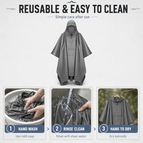 Hiseng Adult Poncho Reusable Waterproof Raincoat Hooded (Orange) — view 6