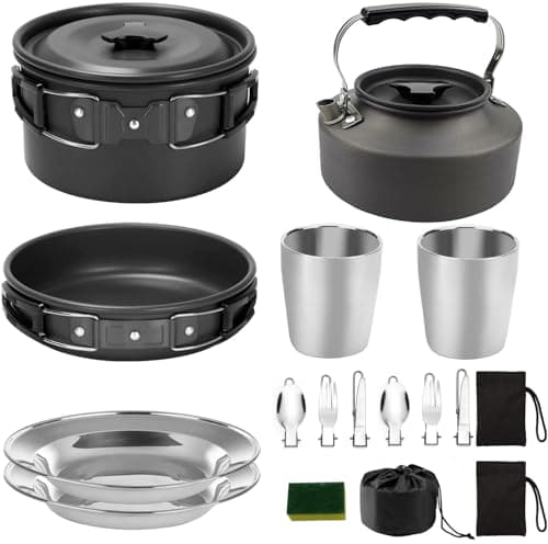 17pcs Camping Cookware Mess Kit, Protable Aluminium Pots and Pans