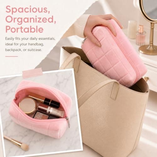 Merzio 2PCS Makeup Bag for Women, Travel Cosmetic Bag with Wide-Open Design Portable Toiletry Bag Skincare Organizer Pouch, Cute Multifunctional Washbag for School Outing Travel Accessories (Pink) — view 6