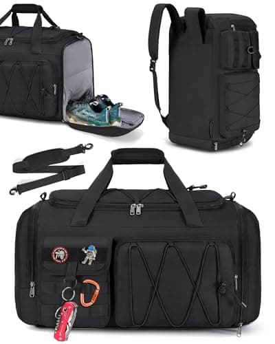 RAINSMORE Sports Gym Bag for Men Women, 45L Large Duffel Bag with Shoe Compartment and Wet Pocket, Water Resistant, 3-in-1 Travel Holdall Weekender Black