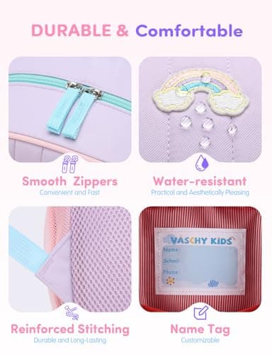 VASCHY Toddler Girls Backpack, Kids' Small Lightweight Quilted School Bag Color-blocked Bookbag for Kindergarten Children Light Purple Pink — view 4