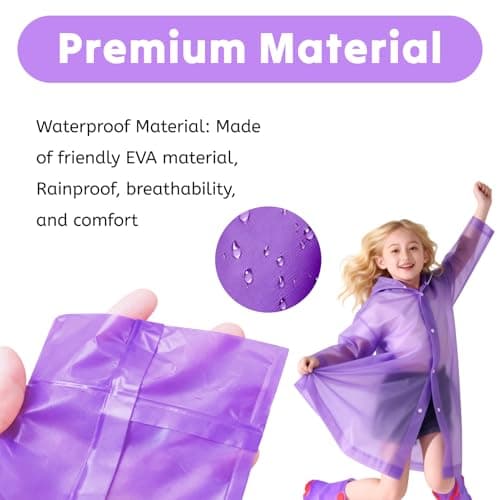 AropaeenGlowry 2pcs Kids Waterproof Rain Poncho with Hood & Sleeves - Reusable EVA Raincoat for Boys Girls, Camping & Travel, Purple — view 3