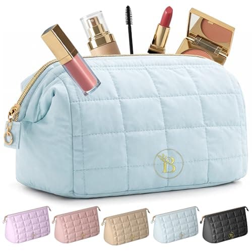 Quilted Blue Makeup Bag for Women, Travel Toiletry Bag with Wide-Open Top & Zipper Pouch, Travel Makeup Case Organizer with Internal Pockets, Puffy Cosmetic Pouch for Everyday Essentials