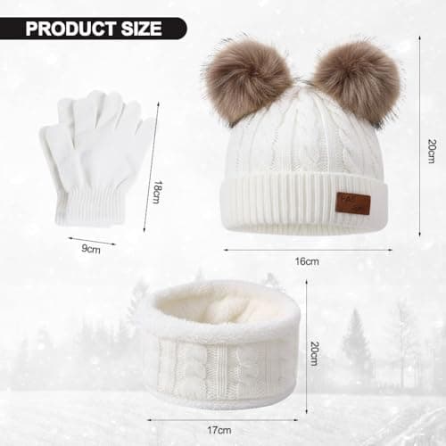 kids Hat Scarf Gloves Set, Knit Thick Warm Three-Piece Sets, Thermal Knitted Beanie Hat Snood Neck Warmer Mitten, Winter Warm Set Essential for Children （White） — view 2