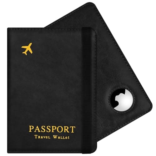 AOOSU Airtag Wallet Passport Holder Cover, PU Leather Passport Cover with RFID Blocking Travel Wallet, Portable Universal Travel Wallets Case Organiser for Money, Boarding Passes, Credit Cards Black