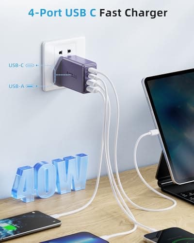 Suiwel 2-Pack Purple 40W 4-Port USB Charger Plug, USB C PD Power Adapter + QC 3.0, Multi USB Plug UK, Fast Charging for iPhone 16-11, Samsung Galaxy, iPad, Google — view 5