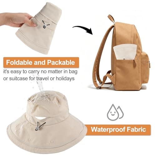 AYPOW Women Sun Hat UV Protection Wide Brim Bucket Hats, Quick-Drying Water-Resistant Fold Up Brim Summer Beach Cap, Foldable Adjustable Garden Caps for Outdoor Fishing Travel Hiking Beige — view 6
