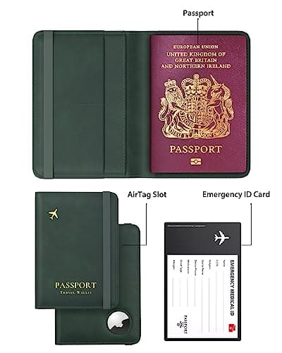 Passport Holder Airtag Wallet Stouchi UK Passport Cover with RFID Blocking Protector PU Leather Travel Wallet Organiser Document Holder for Men&Women Passport,Business Cards,Boarding Passe(Deep Green) — view 2