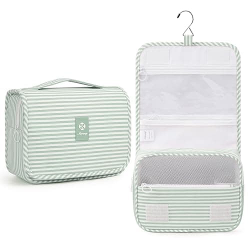 Narwey Hanging Toiletry Bag, Toiletry Bags for Women, Travel Toiletry Wash Bag Women, Toiletries Bag Washbag Makeup Bag Cosmetic Make up Organizer for Essentials (Mint Green Stripe)