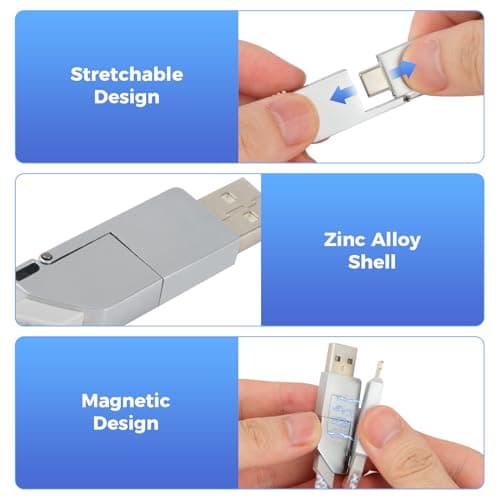 AHRLIC 4-in-1 USB Charging Cable Keychain – Zinc Alloy, Multi-Adapter Charger Cord for USB, Type-C, Micro USB, iOS Port Devices – 60W Fast Charging, Magnetic Stretchable Travel Cable (Light Gray) — view 5