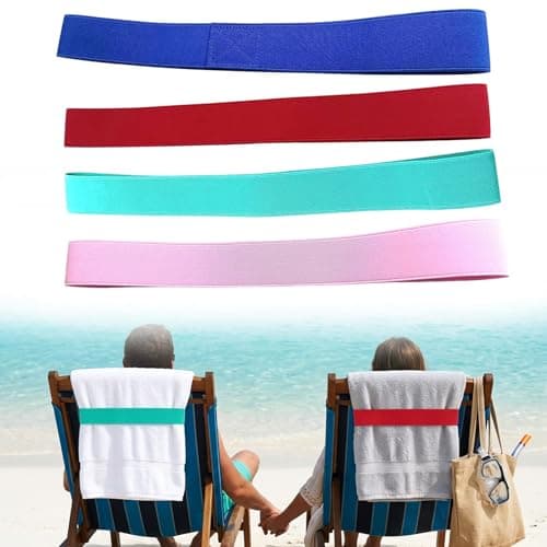 4 Pack Towel Bands for Sun Loungers, Elastic Bands for Beach Chair Towel, Windproof Towel Holders for Chairs, Adjustable Towel Straps (1 Blue + 1 Red + 1 Pink + 1 Light Blue)