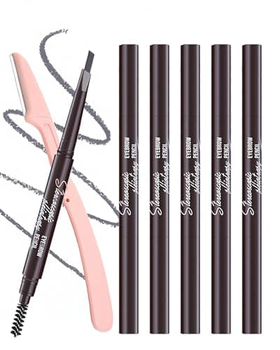 Berinist Waterproof Eyebrow Pencils for Women, 6 Pack Double Sided Grey Eyebrow Pencil with Razor Set, Triangle Tip Makes Defining and Filling Eyebrows for One