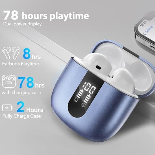 JBES Wireless Earbuds Bluetooth Earphones, 60H Deep Bass Ear Buds with 6 Noise Cancelling Microphone, IP5 Waterproof in Ear Headphones for iPhone Android Sports Gaming (Blue) — view 3