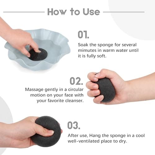 Konjac Organic Cleansing Exfoliating Facial Sponges Set Natural Activated Charcoal Konjac Face Scrubbers Sponge for Exfoliator Skincare Makeup Remover Body Washing for Oily Dry Sensitive Skin — view 5