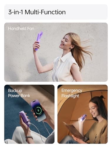 JISULIFE Portable Handheld Fan, 3 In 1-Fan, Power Bank, Flashlight, Purple — view 2