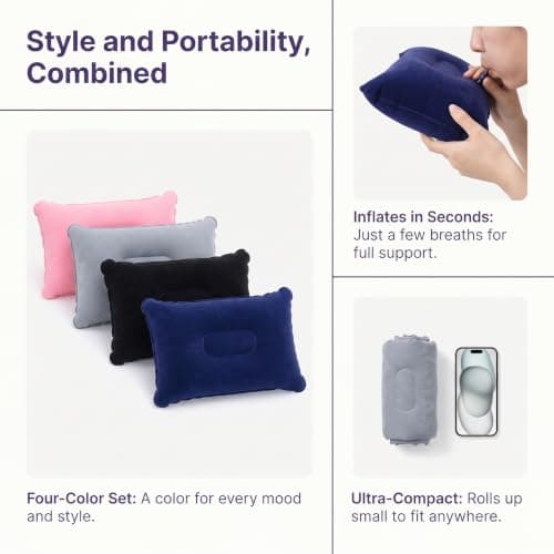 Valicaer 4 Pack Inflatable Camping Pillows, Soft Flocked PVC Blow Up Pillows, 34x22cm Portable Travel Neck Support for Hiking, Beach, Office (Pink+Grey+Black+Navy Blue) — view 3