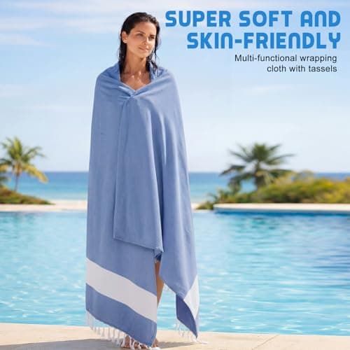 HunnmingRe 1 Pcs 82 x 88 Inch Extra Large Magnetic Beach Towel Oversized Turkish Blanket Cotton XXL Sandproof Towels Huge Big Giant Throw Quilt Blankets for Adult Picnic Camping Travel Pool (Blue) — view 5
