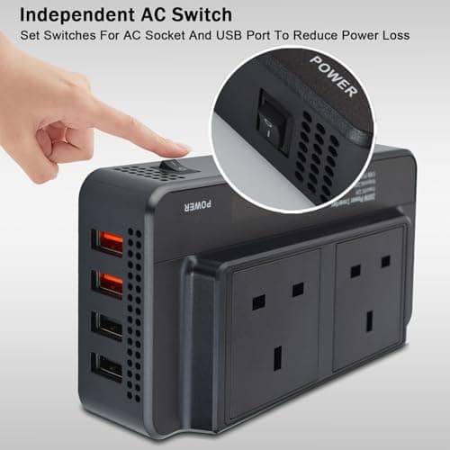 200W Portable Car Power Inverter 12V to 230V DC to AC Converter with Cigarette Lighter Plug, 2 AC Sockets 4 USB Ports Fast Charging LED Digital Display Multiple Protection for Camping Road Trips — view 6