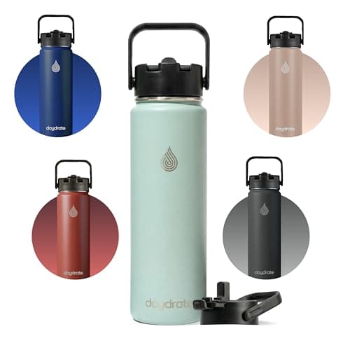 Insulated Metal Water Bottle with Straw 750ml- Stainless Steel Water Bottle, BPA Free, Dual Lid Straw & Spout, Leakproof, 24 Hours Cold & Hot, Work, Travel, Gym Bottle for Men & Women -Green- Daydrate — view 6
