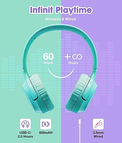 KONNAO Kids Headphones Wireless 60H, Foldable On Ear Headphone with MIC, Volume Limiter 85dB/94dB Wireless & Wired Headphones, Over-Ear Headphone for Kid Adult School Online Class Travel, Green — view 4