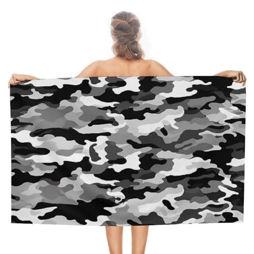 GHBNK Black Grey White Camo Beach Towel for Adults Oversized 31"x51" Pool Towel Sand Free Beachtowel Quick Dry Bath Towels Lightweight Absorbent Swim Towels for Travel, Swimming, Yoga, Camping
