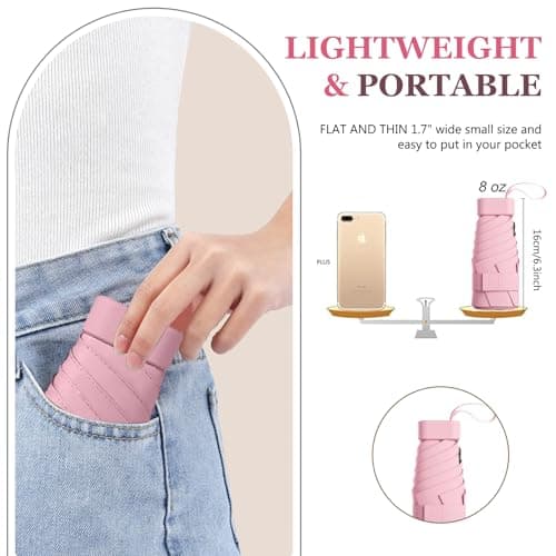 Mini Folding Travel Umbrella, Windproof Strong, UV Protection, 6 Ribs, Pocket Umbrella with Capsule Case for Women, Men, Girls-Pink — view 3