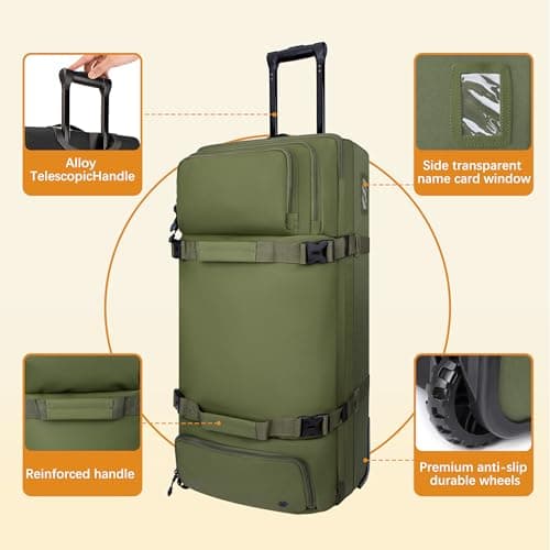 LARIPOP Rolling Duffle Bag with Wheels, 100L 33.5 Inch Waterproof Wheeled Travel Luggage with Shoe Compartment, Dark Green, 33.47 x 16.14 x 14.97 inches, Fashion — view 6