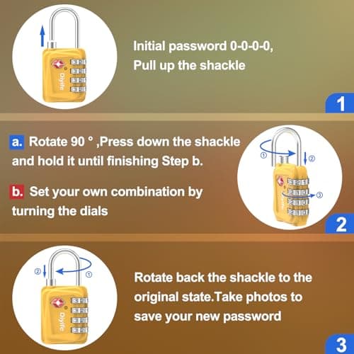 TSA Luggage Locks, [3 Packs] Diyife Updated 4-Digit Security Padlocks with Code, Resettable Zinc Alloy Combination Padlocks, Small Travel Locks Padlocks for Luggage Suitcases Bag Case (Yellow) — view 6