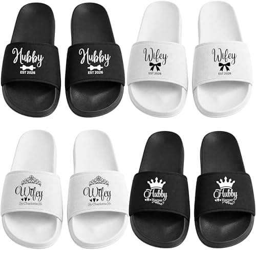 Be Buz Personalized Couple Slide Sandal, Custom Hubby Wifey Slippers with Names and EST Date, Matching Bridal Shower Honeymoon Wedding Gift Flip Flops