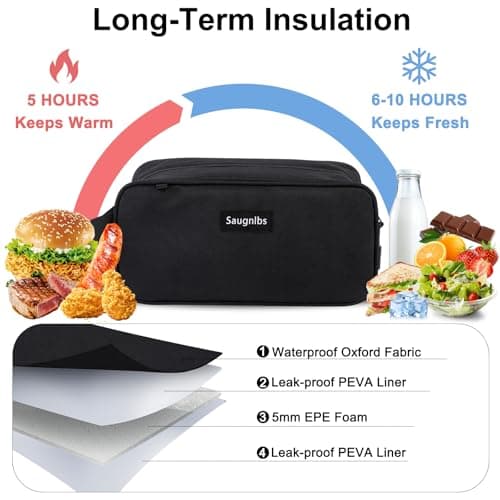 Saugnlbs Small Cool Bag,Mini Cool Bag with Ice Packs,Small Insulated Lunch Bag with Handle Buckle,Freezable Lunch Bag for Travel/Work/School/Outdoors, 10“ x 4.5”x 5”,Black — view 2