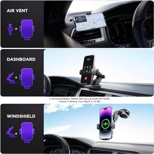 Car Phone Holder Wireless Charger,【7 Colored RGB Backlit】MOSURR 15W Auto Clamping Wireless Car Charger Mount for iPhone 16 15 14 Mini Pro Max, Samsung Galaxy S26 Ultra S25 S24+, etc — view 6