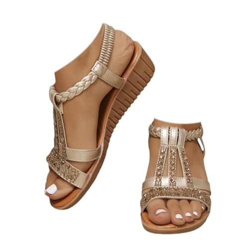 AEHAXGD Rhinestone Wedge Sandals for Women 2026 Summer Orthopedic Bohemia Sparkly T Strap Shoes Embellished Jeweled Beaded Sandals with Elastic Ankle Strap Comfy Cute Sandals for Beach Travel