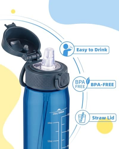 OLDLEY 600ml/20oz Water Bottles with Straw Leakproof Tritan Water Bottle with Handle BPA Free Time Marker Sports Drinking Bottle for School, Travel, Sports (Navy Blue) — view 2