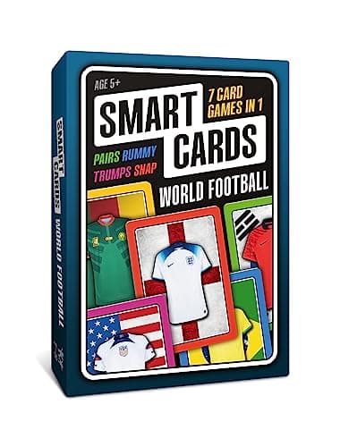 Smart Cards World Football, 7 games in 1, a suitcase of games in your pocket, includes trumps, pairs, snap, rummy, cool stats and top trivia. Gift, Stocking Filler, Travel Game, age 5+, 1-8 players