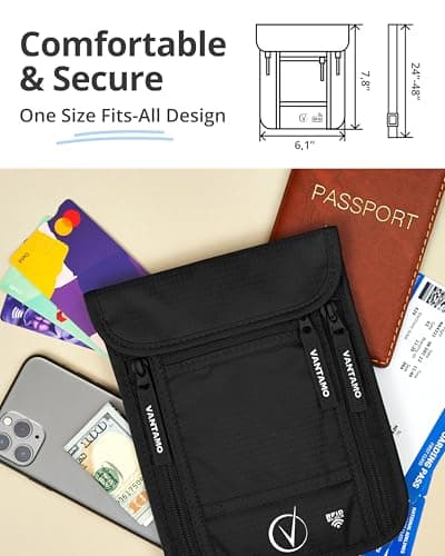 Vantamo Premium Neck Wallet for Traveling, RFID Protected Passport Bag Fits Documents, Cash and Phone, Lightweight & Consealed Travel Wallet and Document Holder for Men & Women with Adjustable Strap — view 4
