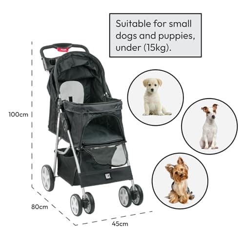 KCT Hooded Foldable Pet Dog Cat Stroller Black- 4 Wheel Travel Carriage with Safety Leash, Canopy, Cup Holder, Storage Tray — view 3