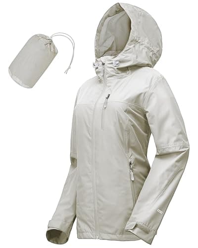 33,000ft Women's Lightweight Waterproof Jacket Packable Hooded Rain Jacket Breathable Windbreaker Softshell Raincoat for Outdoor Running Walking Hiking (Beige-M/UK 12)