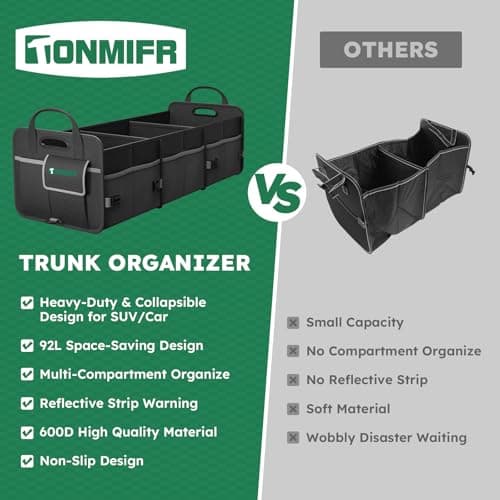 Tonmifr Heavy-Duty Car Boot Organiser & Multi-Compartment Storage Box for SUV/Hatchback/Estate, 600D Oxford Collapsible Tidy, 2 Securing Hooks & Reflective Strips - Large Capacity Organiser​ (92L) — view 4