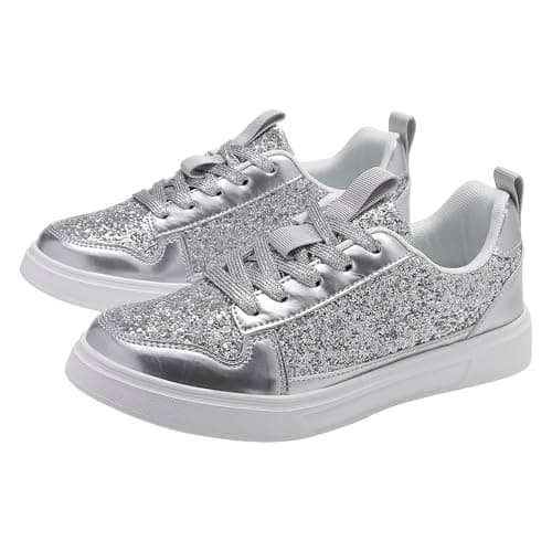 Momolaa New UK 6 Glitter Sparkly Fashion Sneakers Women Low Top Sequins Lace Up Tennis Shoes Comfort Bling Fashion Shiny Walking Shoes Wedding Bridal Shoe Gift Footwear Silver
