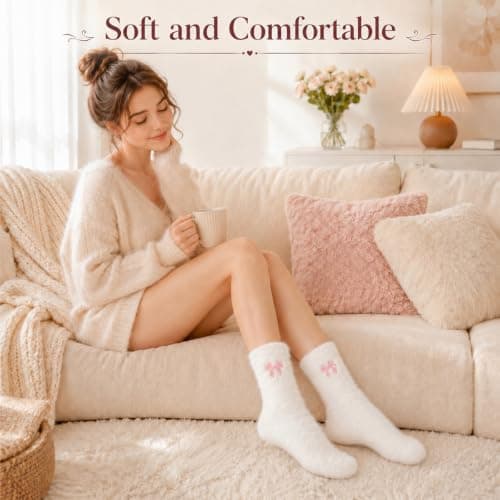 Pragma 5 Pairs Fluffy Socks Womens, Pink Bow Fuzzy Socks, Pastel Thermal Bed Socks for Women, Soft Plush Winter Sleep Slipper Socks, Cute Cozy Home Loungewear Gift for Girls Ladies Birthday Christmas — view 5