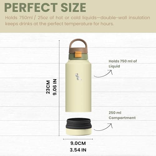 SimplyLivin Water Bottle 750ml with Bottom Compartment | Insulated Stainless Steel Flask | 24H Cold 12H Hot | Leakproof | Secret Storage for Protein Powder, Keys, Valuables | Gym, Travel | Cream Beige — view 4