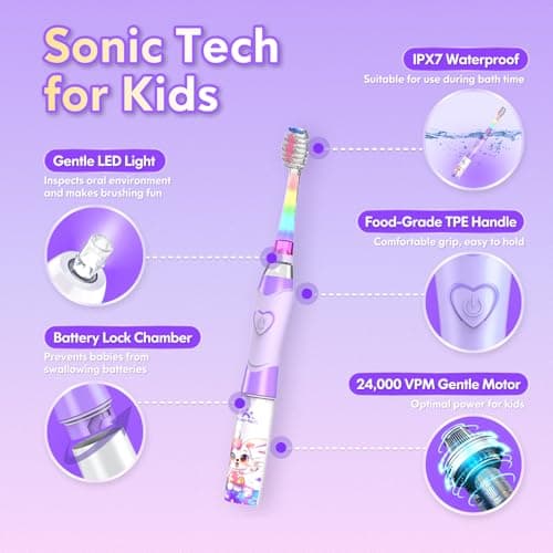Kids Electric Toothbrush 3-5-6-12, Toddler Toothbrush Girls Electric Toothbrush with Timer Rainbow LED Light Up Sonic Battery Powered Junior Childrens Electric Tooth Brush (Purple Rabbit) — view 4